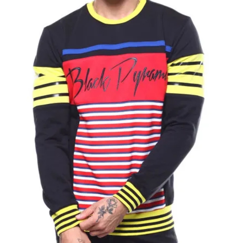 Black Pyramid BlackRed Yellow Blue ColorBlock Striped Flag Crewneck Sweatshirt M